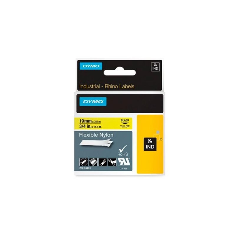 DYMO RHINO CINTA DE ETIQUETAS INDUSTRIAL ADHESIVA ID1-19, NEGRO SOBRE AMARILLO DE 19MMX3´5 M, NYLON FLEXIBLE (S0718090)