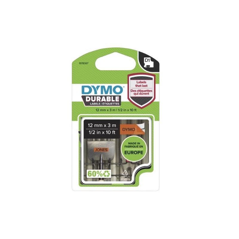 DYMO CINTA DE TRANSFERENCIA TERMICA D1 DURABLE. ETIQUETA PERMANTE NEGRO SOBRE NARANJA DE 12MMX3M. ROTULADORA LABELMANAGER