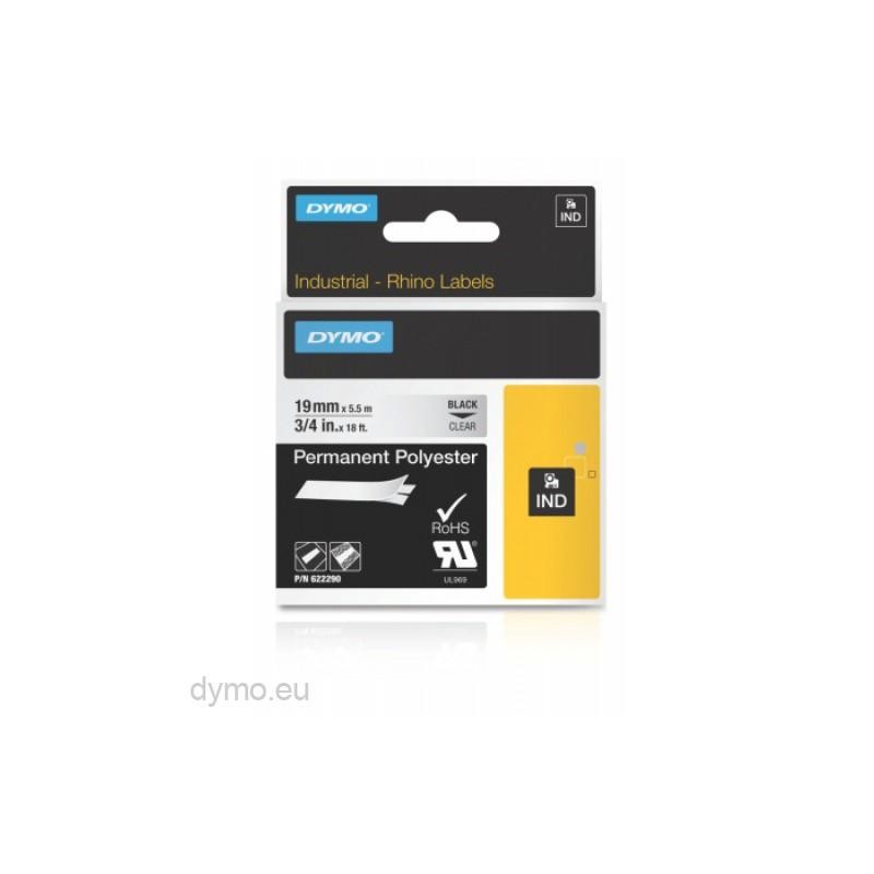 DYMO RHINO CINTA DE ETIQUETAS INDUSTRIAL ADHESIVA ID1-19, NEGRO SOBRE TRANSPARENTE DE 19MMX5´5 M, POLIESTER
