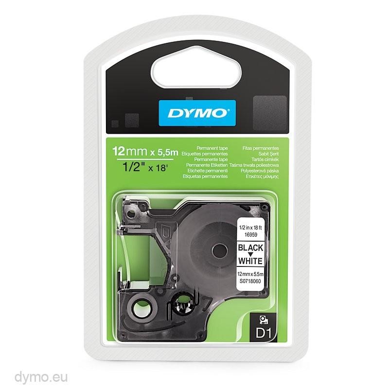 DYMO CINTA DE POLIESTER PERMANENTE D1 16959, NEGRO SOBRE BLANCO DE 12MMX5.5MM