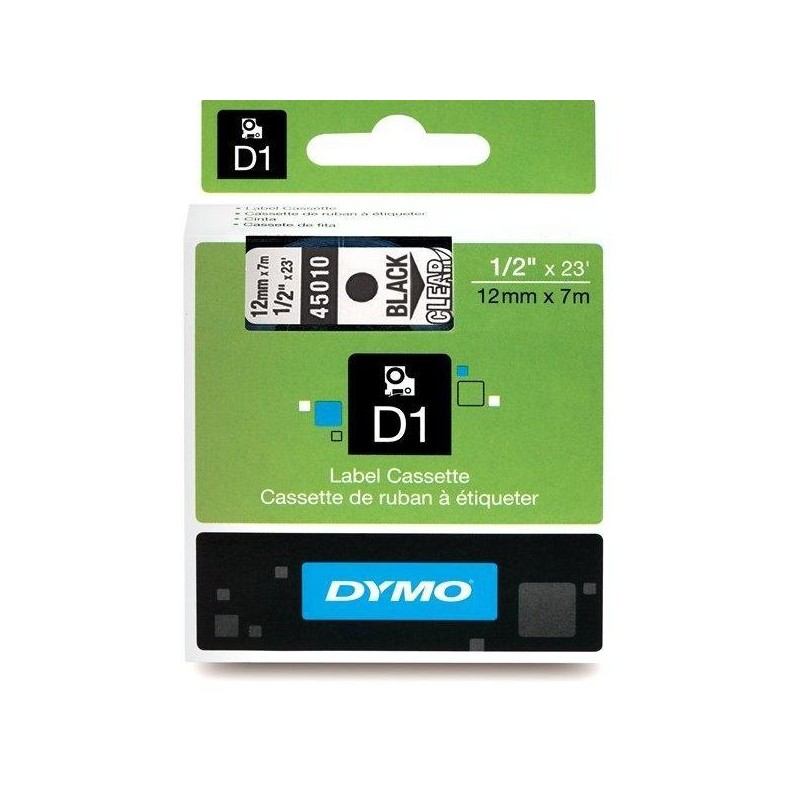DYMO CINTA DE TRANSFERENCIA TERMICA D1 45010. ETIQUETAS ESTÁNDAR NEGRO SOBRE TRANSPARENTE DE 12MMX7M. POLIESTER AUTOADHESIVA. RO