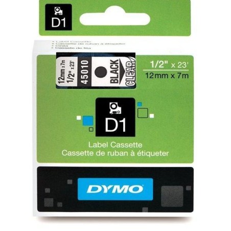 DYMO CINTA DE TRANSFERENCIA TERMICA D1 45010. ETIQUETAS ESTÁNDAR NEGRO SOBRE TRANSPARENTE DE 12MMX7M. POLIESTER AUTOADHESIVA. RO