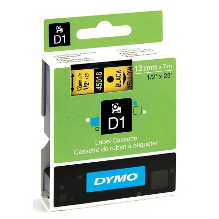 DYMO CINTA DE TRANSFERENCIA TERMICA D1 45018. ETIQUETAS ESTÁNDAR NEGRO SOBRE AMARILLO DE 12MMX7M.POLIESTER AUTOADHESIVA. ROTULAD