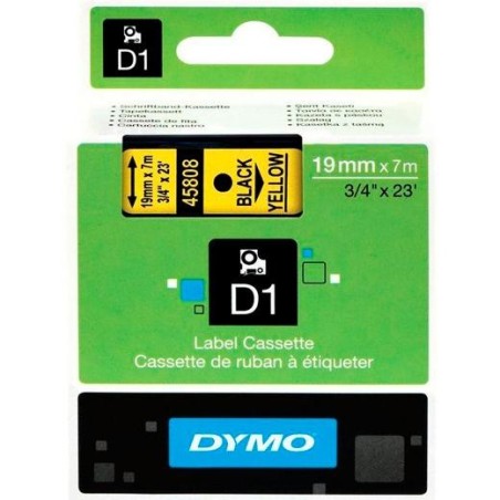 DYMO CINTA DE TRANSFERENCIA TERMICA D1-19 45808, ETIQUETAS ESTÁNDAR NEGRO SOBRE AMARILLO DE 19MMX7M. POLIESTER AUTOADHESIVA.