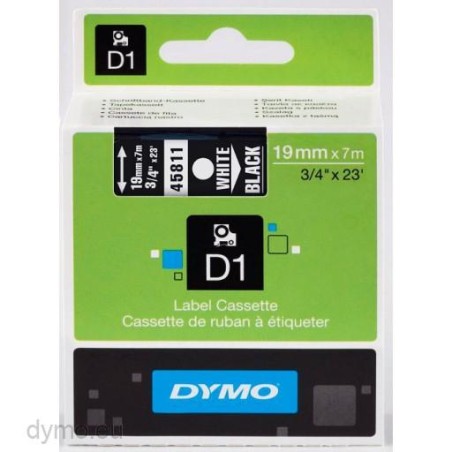 DYMO CINTA DE TRANSFERENCIA TÉRMICA D1 45811. ETIQUETAS ESTÁNDAR BLANCO SOBRE NEGRO DE 19MMX7M. POLIESTER AUTOADHESIVA. ROTULADO