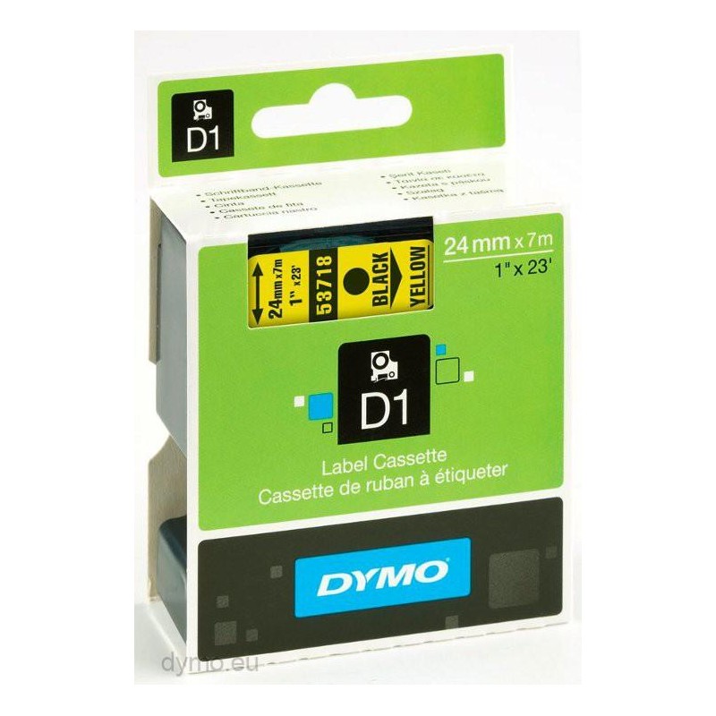 DYMO CINTA DE TRANSFERENCIA TERMICA D1 53718. ETIQUETAS ESTÁNDAR NEGRO SOBRE AMARILLO DE 24MMX7M. POLIESTER AUTOADHESIVA. ROTULA