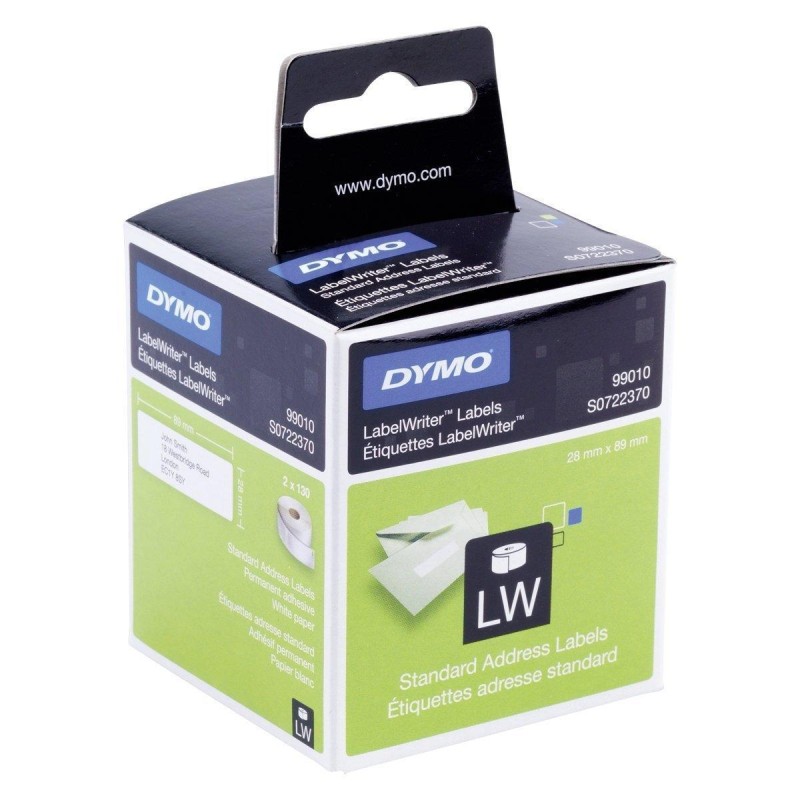 DYMO ETIQUETAS DE TRANSFERENCIA TERMICA LABEL WRITER 99010, NEGRO SOBRE BLANCO 28X89MM (A X L). 2 ROLLOS 130 UDS