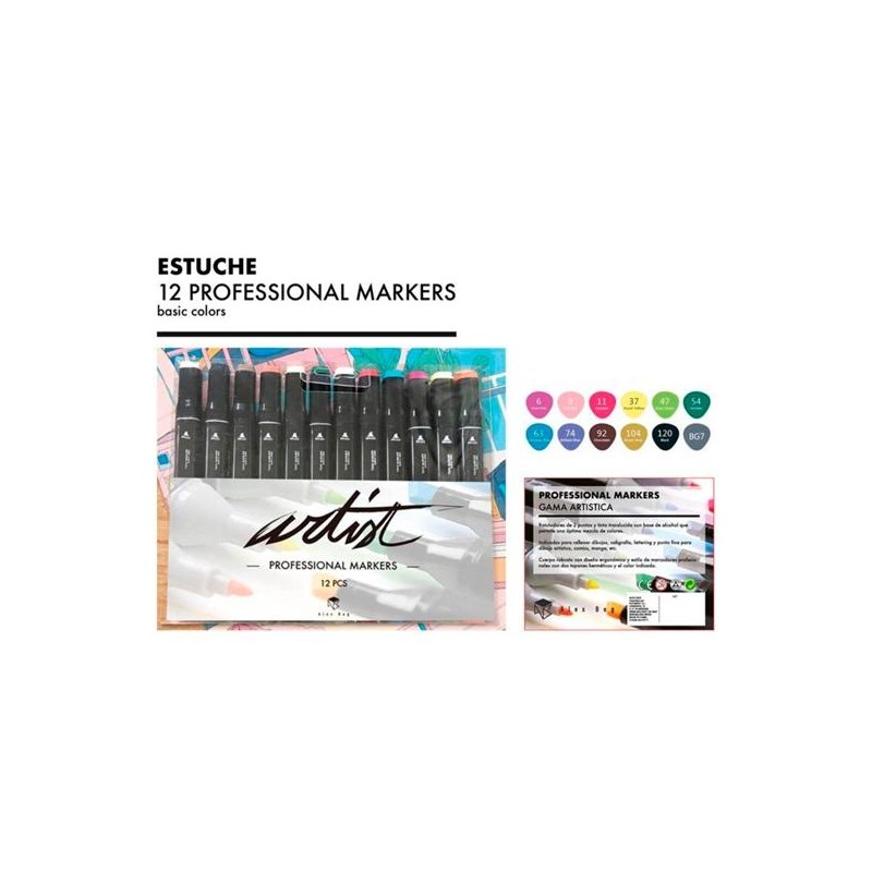 ALEX BOG ROTULADORES GAMA ARTIST DOBLE PUNTA FINA/BISELADA C/SURTIDOS BÁSICOS ESTUCHE 12 UD