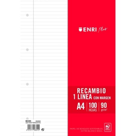 ENRI RECAMBIO PLUS 100H A4 90GR 1 LÍNEA C/MARGEN 4 TALADROS BLANCO