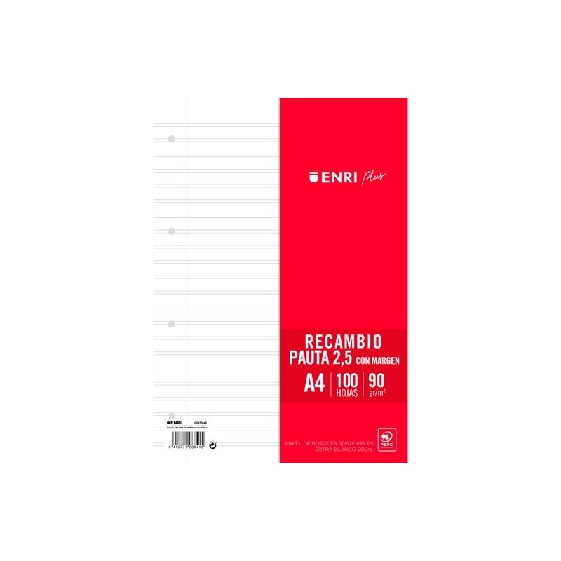 ENRI RECAMBIO PLUS 100H A4 90GR PAUTA 2,5 C/MARGEN 4 TALADROS BLANCO
