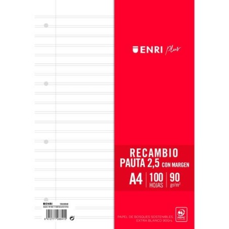 ENRI RECAMBIO PLUS 100H A4 90GR PAUTA 2,5 C/MARGEN 4 TALADROS BLANCO