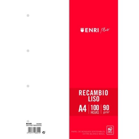 ENRI RECAMBIO PLUS 100H A4 90GR LISO 4 TALADROS BLANCO