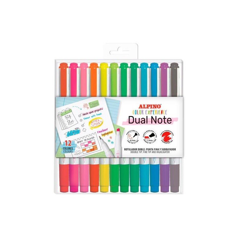 ALPINO ROTULADORES DUAL NOTE PUNTA FINA Y PUNTA BISELADA C/SURTIDOS ESTUCHE 12 UD