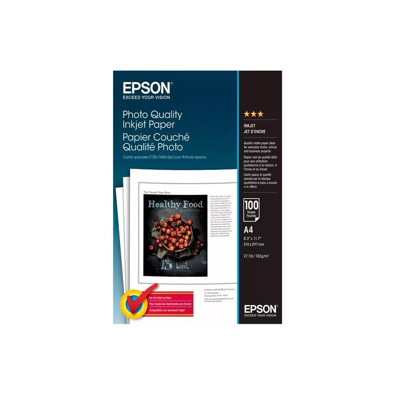 EPSON PAPEL FOTOGRÁFICO PHOTO QUALITY A4 102GR INKJET PAQUETE 100H BLANCO