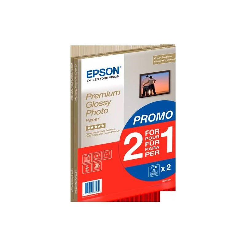 EPSON PAPEL PREMIUM GLOSSY PHOTO A4 255GR PAQUETE 15H PROMOCIÓN 2X1 BLANCO BRILLO