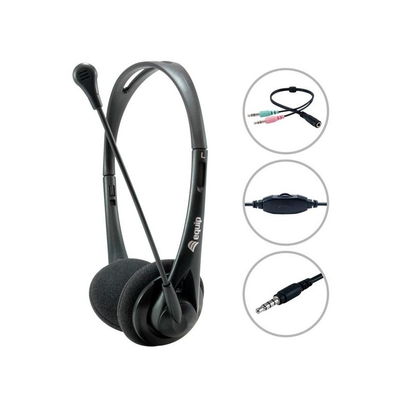 EQUIP AURICULARES ESTÉREO JACK 3.5MM ULTRALIGEROS CON MICRÓFONO FLEXIBLE AJUSTABLE NEGRO