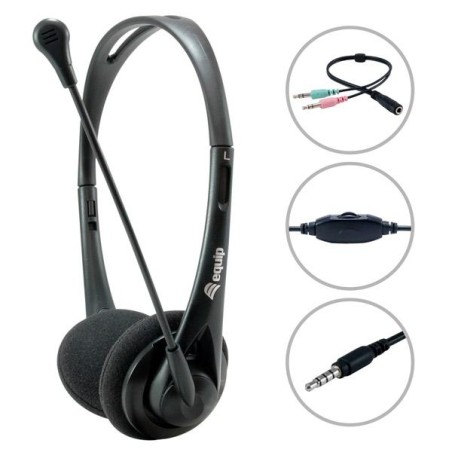 EQUIP AURICULARES ESTÉREO JACK 3.5MM ULTRALIGEROS CON MICRÓFONO FLEXIBLE AJUSTABLE NEGRO