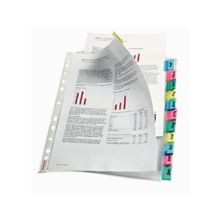 ESSELTE FUNDA MULTITALADRO 11 PP CRISTAL A4 85 MICRAS CON PESTAÑA ÍNDICE COLORES