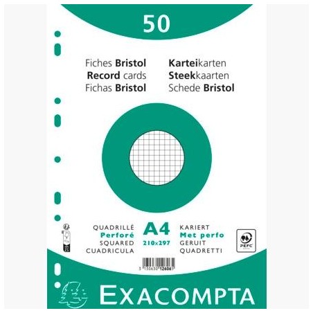 EXACOMPTA FICHAS CARTULINA BRISTOL TALADRO A4 CUADRÍCULA 5X5 PACK DE 50 BLANCO