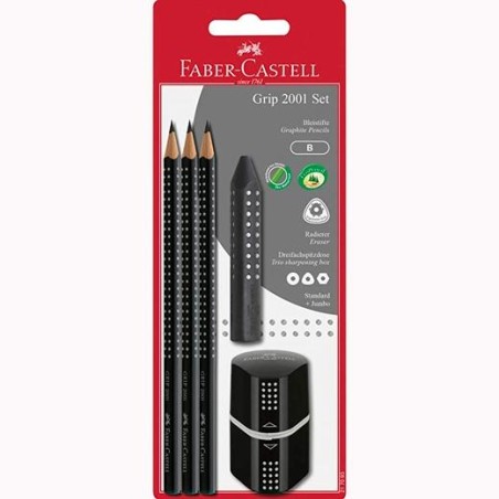 FABER CASTELL SET 2001 GRIP 3 LÁPICES DE GRAFITO + GOMA + SACAPUNTAS NEGRO EN BLISTER