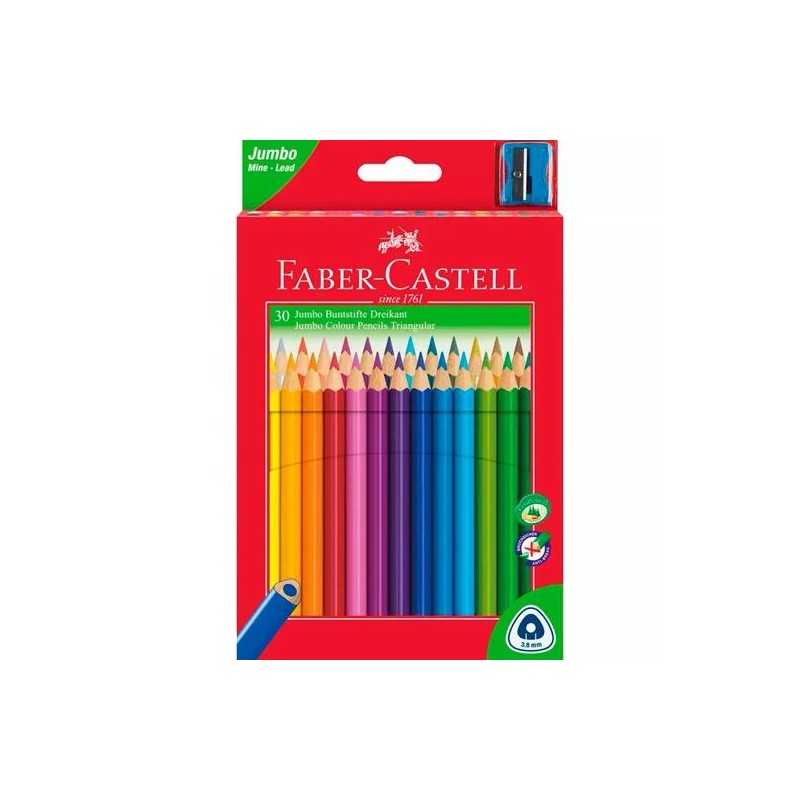 FABER CASTELL LÁPICES DE COLORES JUMBO TRIANGULAR + SACAPUNTAS C/SURTIDOS ESTUCHE 30 UD