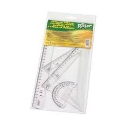 FAIBO BOLSA ESTUCHE 4 PIEZAS REGLA (30 CM), ESCUADRA, CARTABÓN Y SEMICIRCULO TRANSPARENTE