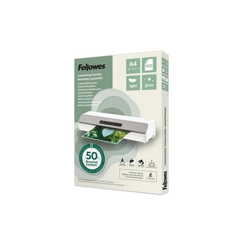 FELLOWES FUNDAS DE PLASTIFICAR 80 MICRAS A4 BRILLO PACK 100 UD