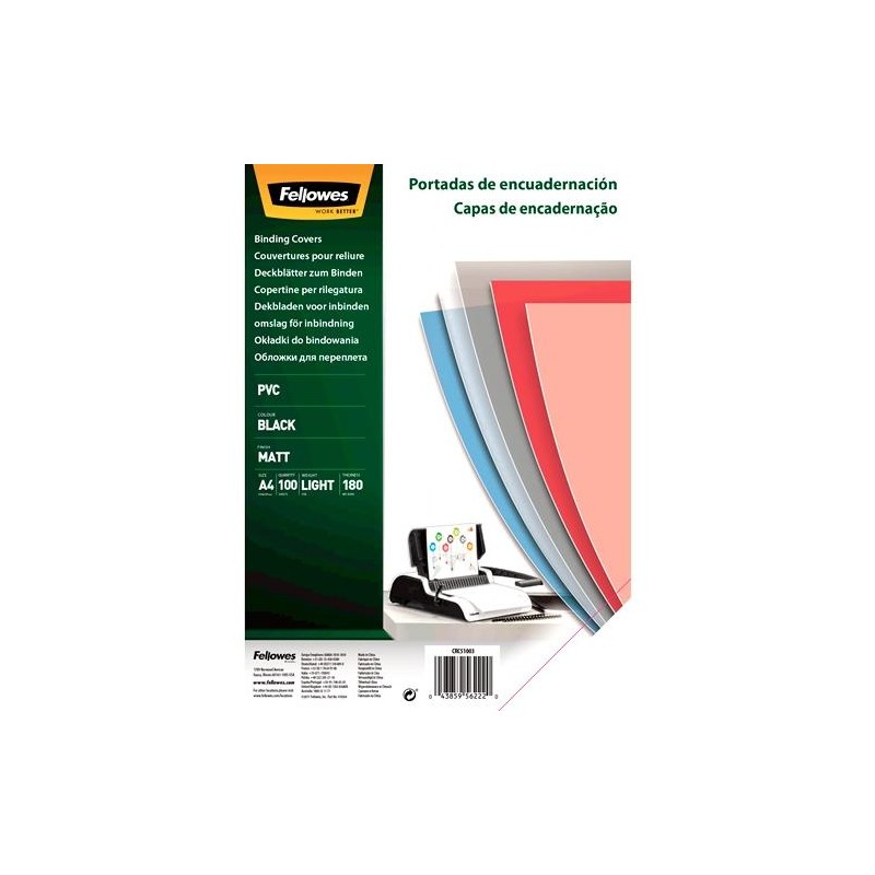 FELLOWES TAPAS ENCUADERNACIÓN A4 180 MICRAS PVC OPACO NEGRO PACK 100 UD