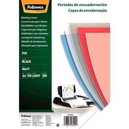 FELLOWES TAPAS ENCUADERNACIÓN A4 180 MICRAS PVC OPACO NEGRO PACK 100 UD