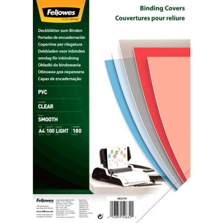 FELLOWES TAPAS ENCUADERNACIÓN A4 PVC 180 MICRAS TRANSPARENTE PACK 100 UD