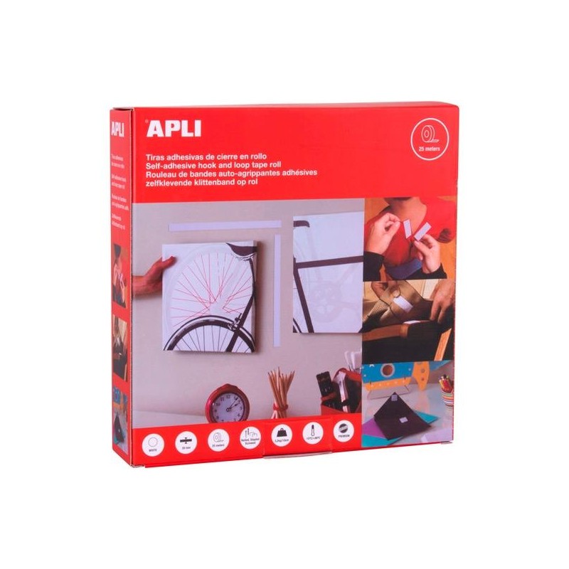 APLI CINTA GANCHO BUCLE ADHESIVA CIERRE TIPO VELCRO ROLLO 20MM X 25M BLANCO