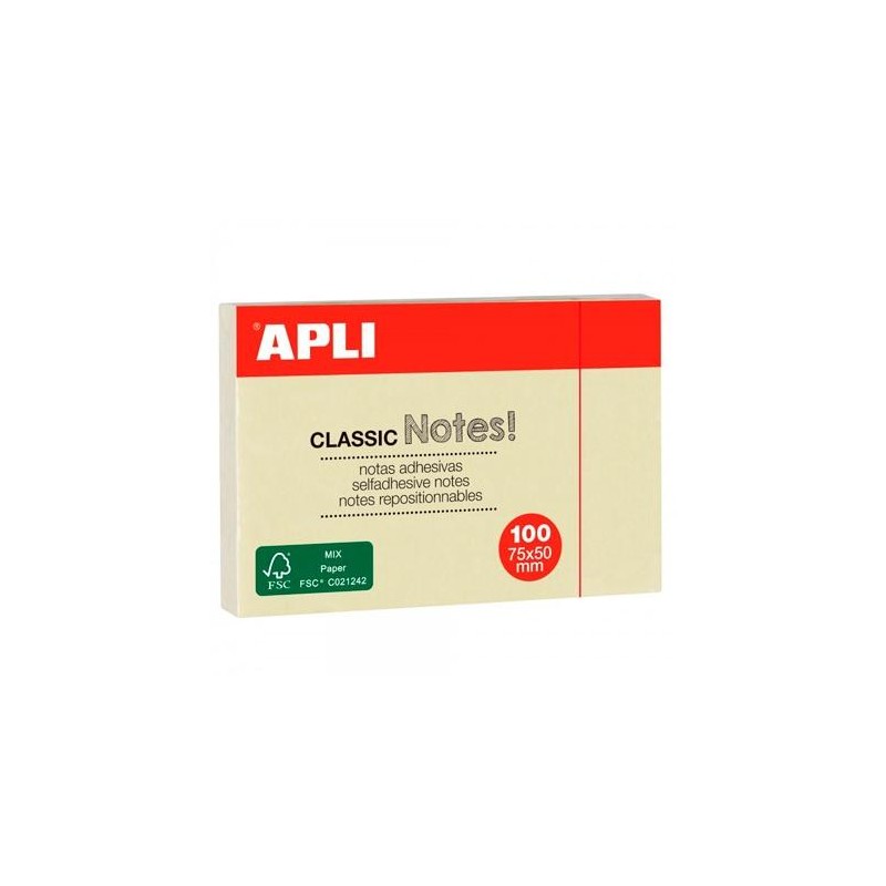 APLI BLOC NOTAS ADHESIVAS CLASSIC REPOSICIONABLES 100H 75X50 AMARILLO PACK 12 UD
