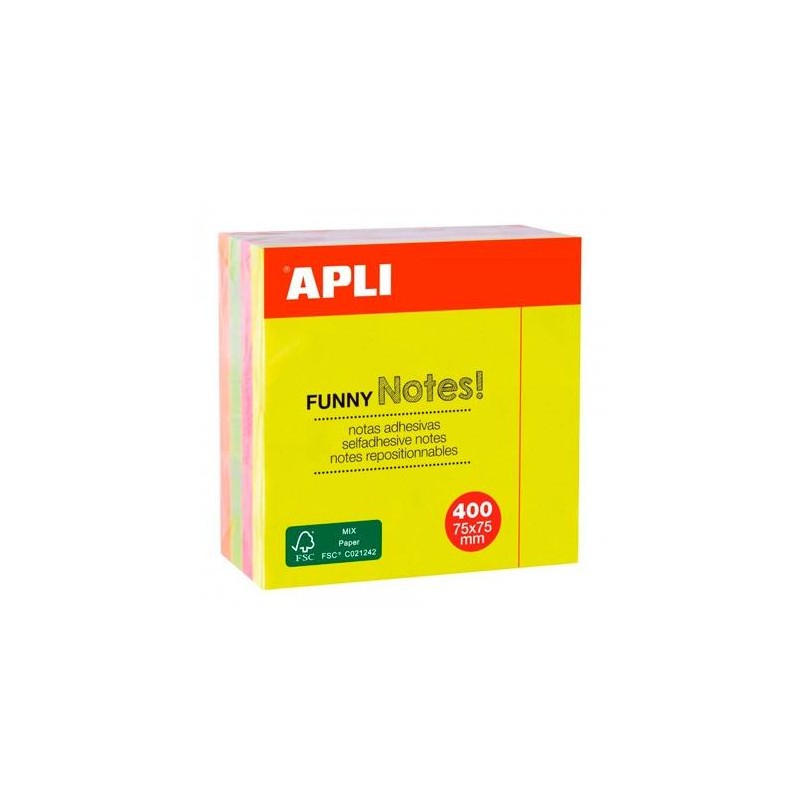 APLI CUBO DE NOTAS ADHESIVAS FUNNY 75X75MM CUBO DE 400H COLORES FLUORESCENTES SURTIDOS