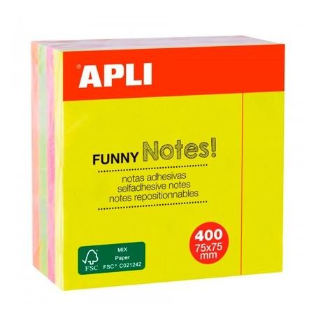 APLI CUBO DE NOTAS ADHESIVAS FUNNY 75X75MM CUBO DE 400H COLORES FLUORESCENTES SURTIDOS