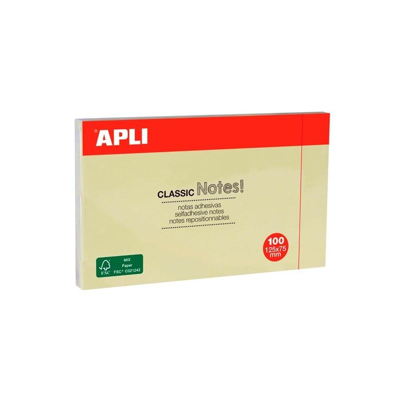 APLI BLOC NOTAS ADHESIVAS CLASSIC REPOSICIONABLES 100H 125X75 AMARILLO PACK 12 UD
