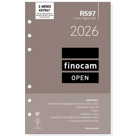 FINOCAM RECAMBIO ANUAL AGENDA DE ANILLAS OPEN R597 500-117X181MM 2DP 2026