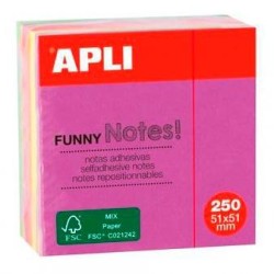 APLI CUBO DE NOTAS ADHESIVAS FUNNY 51X51MM MINI-CUBO 250H COLORES FLUORESCENTES SURTIDOS