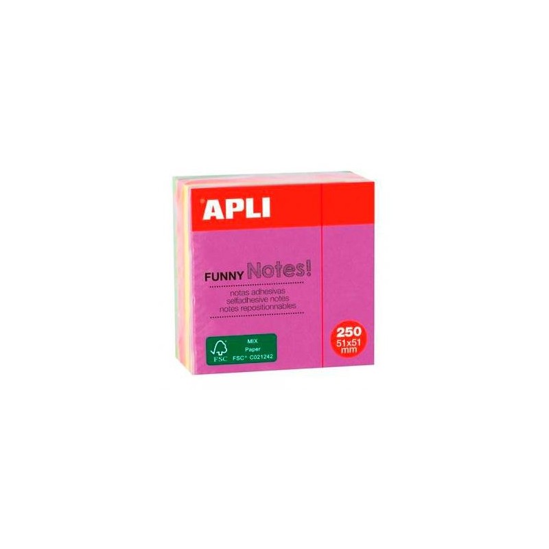 APLI CUBO DE NOTAS ADHESIVAS FUNNY 51X51MM MINI-CUBO 250H COLORES FLUORESCENTES SURTIDOS