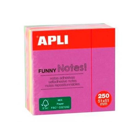 APLI CUBO DE NOTAS ADHESIVAS FUNNY 51X51MM MINI-CUBO 250H COLORES FLUORESCENTES SURTIDOS