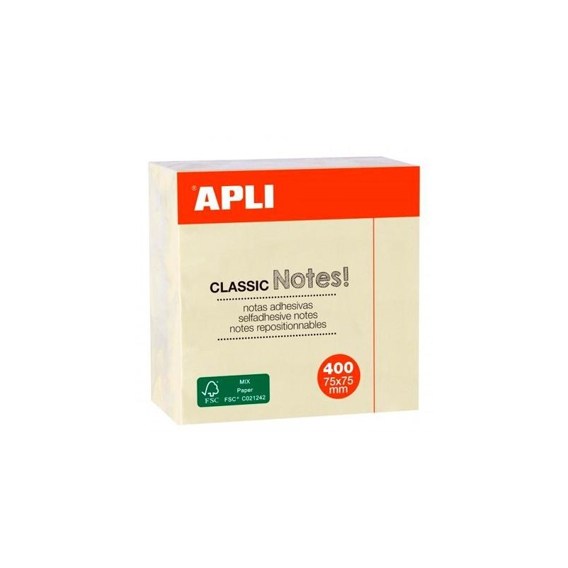 APLI NOTAS ADHESIVAS CLASSIC 75X75MM CUBO DE 400H AMARILLO