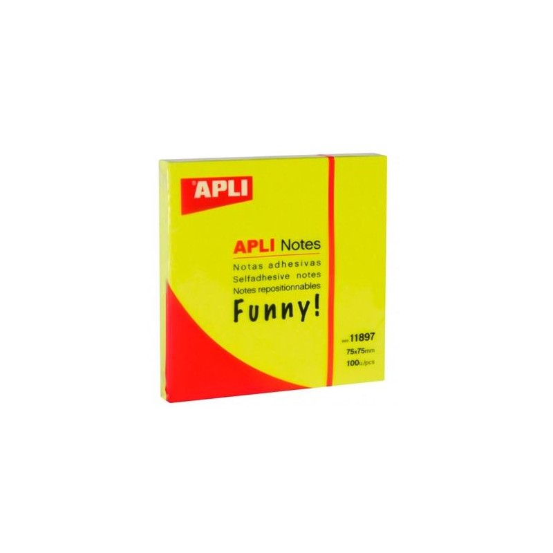 APLI BLOC NOTAS ADHESIVAS FUNNY REPOSICIONABLES 100H 75X75 AMARILLO FLUORESCENTE PACK 12 UD
