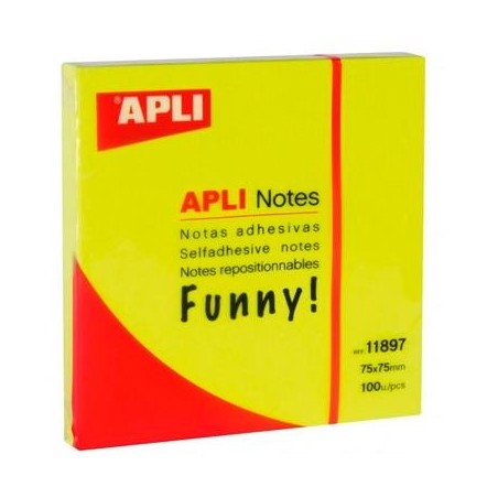 APLI BLOC NOTAS ADHESIVAS FUNNY REPOSICIONABLES 100H 75X75 AMARILLO FLUORESCENTE PACK 12 UD