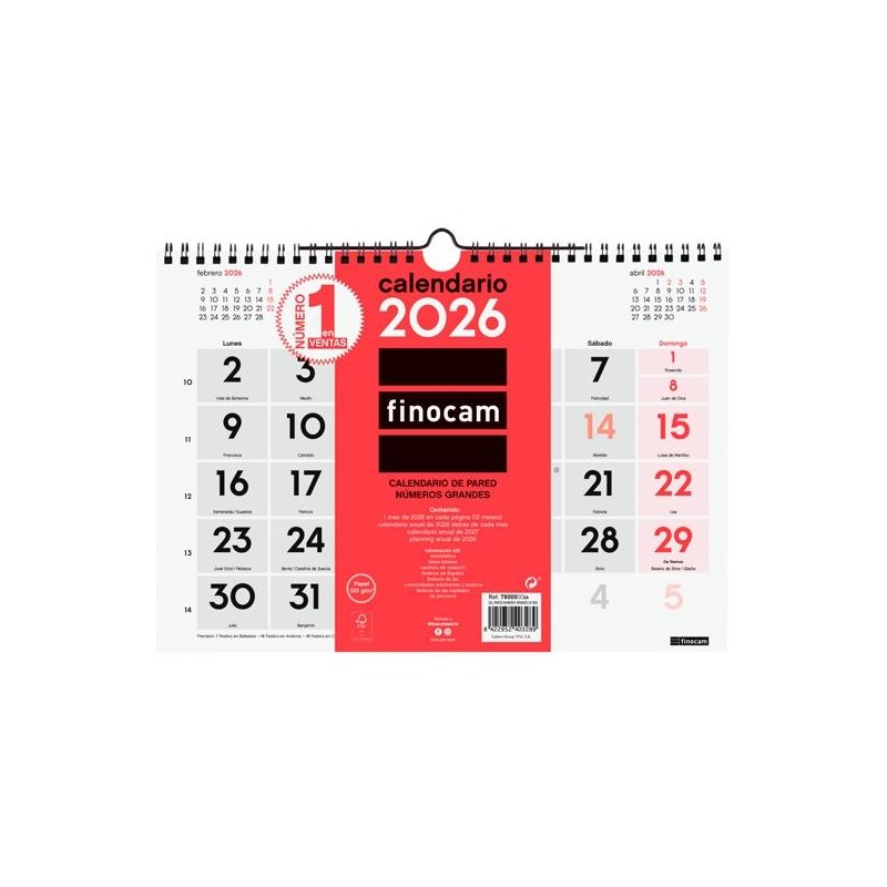 FINOCAM CALENDARIO DE PARED NÚMEROS GRANDES M-300X210MM MV NEUTRO 2026