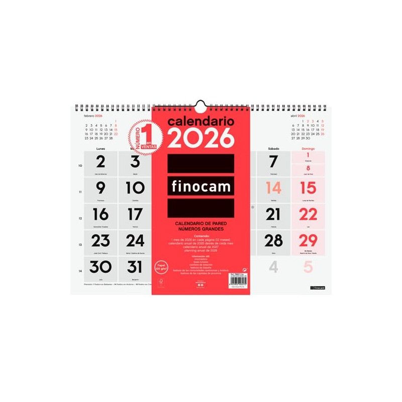 FINOCAM CALENDARIO DE PARED NÚMEROS GRANDES L-430X310MM MV NEUTRO 2026