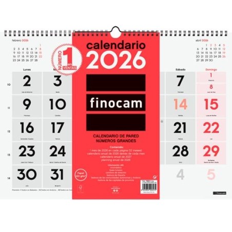 FINOCAM CALENDARIO DE PARED NÚMEROS GRANDES L-430X310MM MV NEUTRO 2026