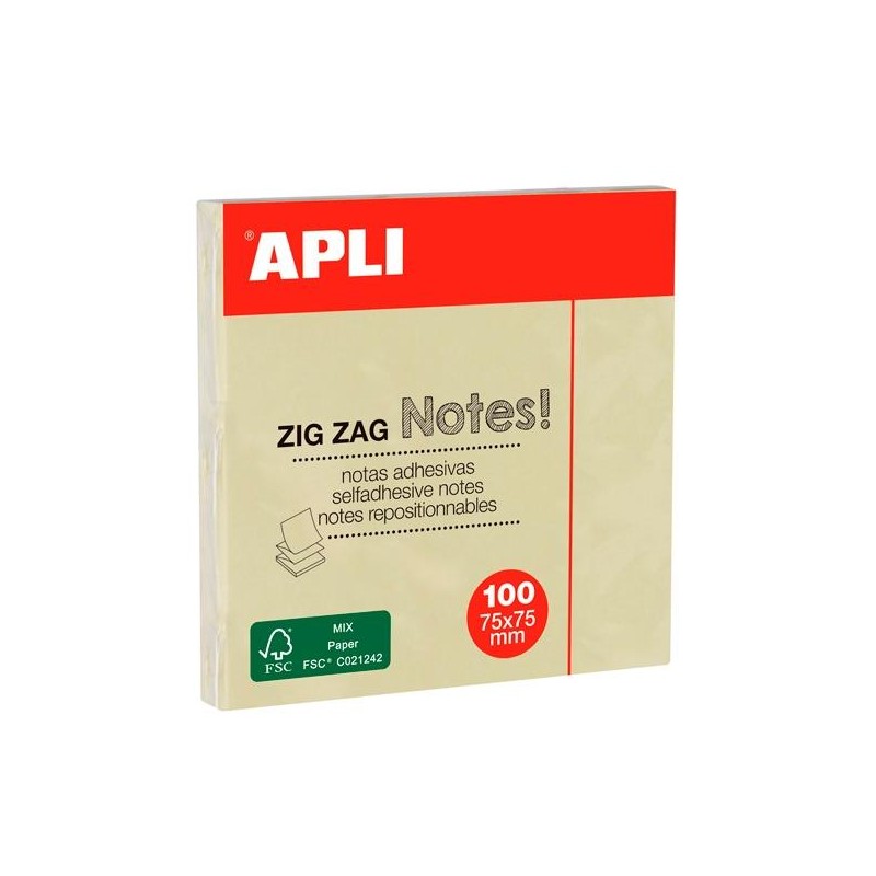 APLI NOTAS ADHESIVAS ZIGZAG CLASSIC 75X75MM BLOC 100H AMARILLO