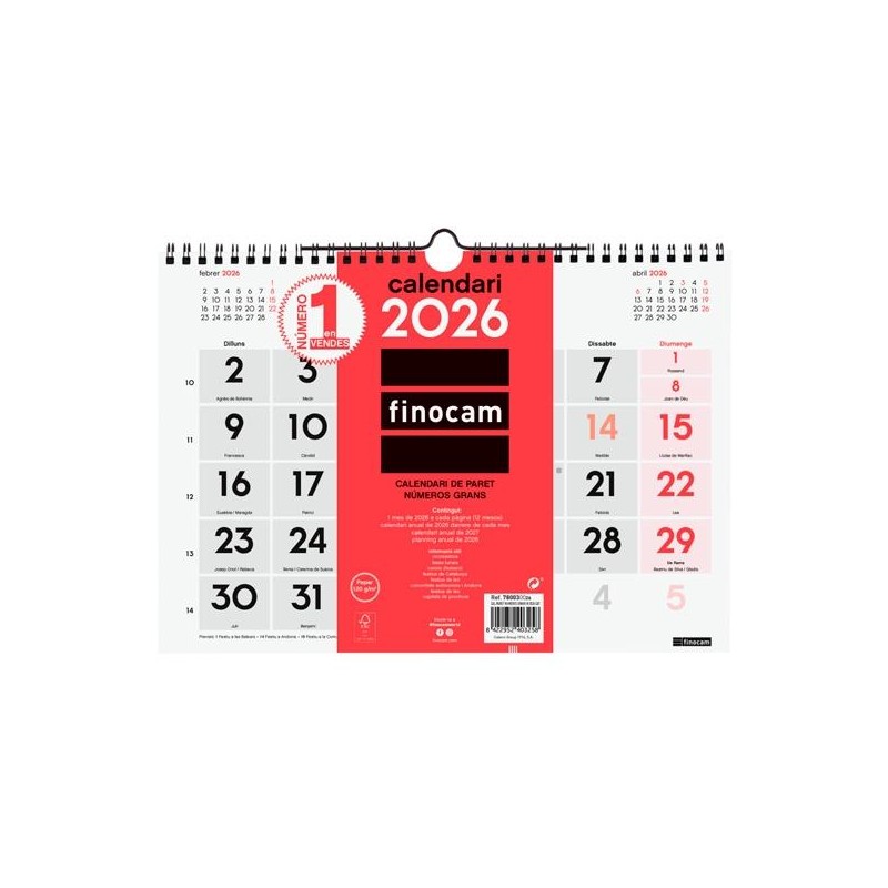 FINOCAM CALENDARIO DE PARED NÚMEROS GRANDES M-300X210MM MV NEUTRO 2026 CATALÁN
