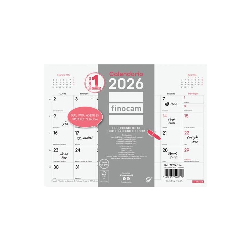 FINOCAM CALENDARIO BLOC CON IMÁN PARA ESCRIBIR S-210X150MM MV CHIC BLANCO 2026
