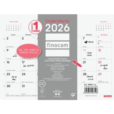 FINOCAM CALENDARIO BLOC CON IMÁN PARA ESCRIBIR S-210X150MM MV CHIC BLANCO 2026