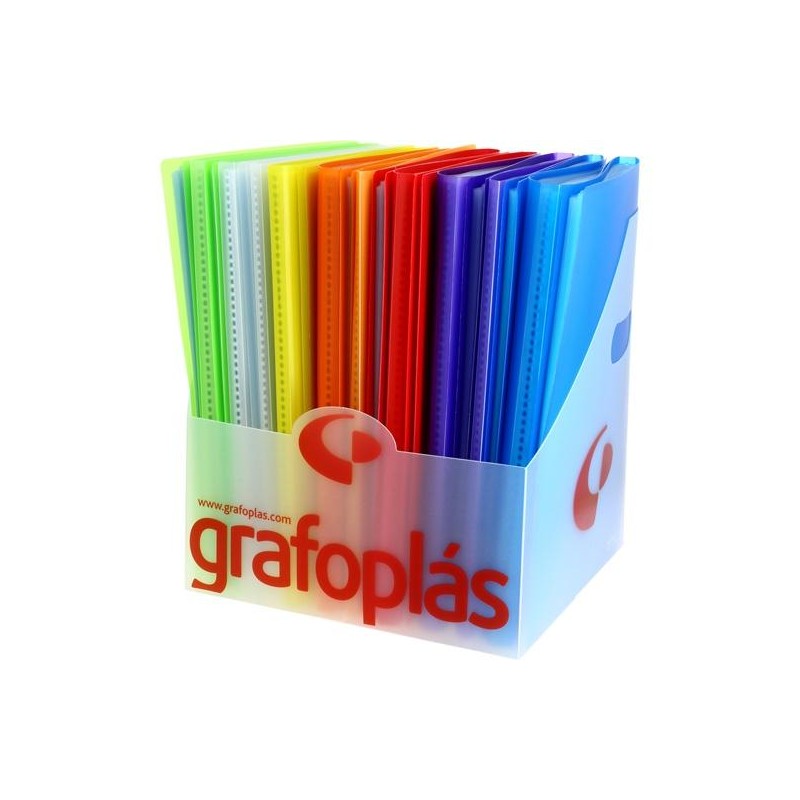 GRAFOPLÁS CARPETA CON FUNDAS POLIPLÁS SOLDADAS FOLIO PP SEMIRÍGIDO TRANSLÚCIDO C/SURTIDOS EXPOSITOR 20 UD